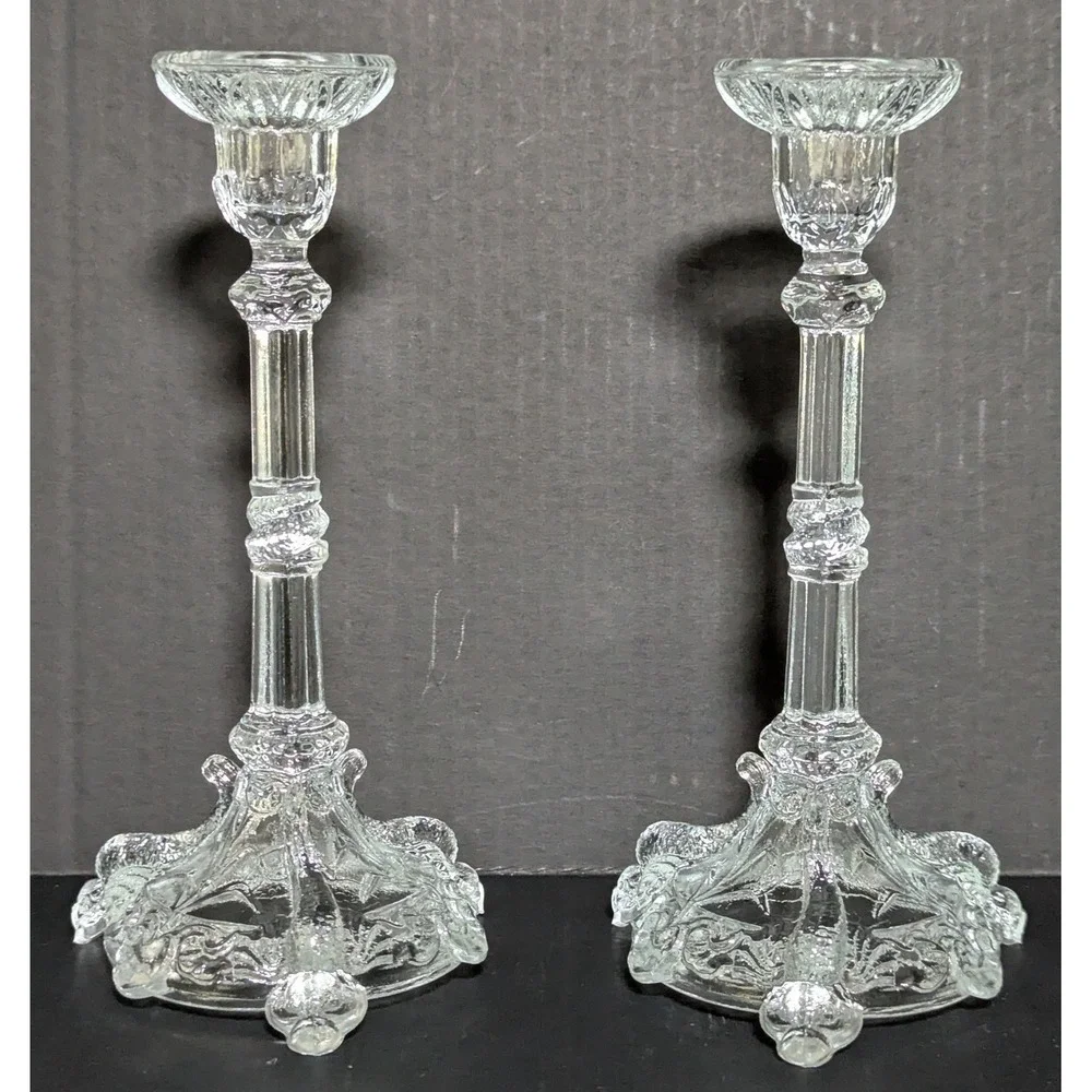 Vtg Clear European Pressed-Glass Koi Fish/Dolphin-Footed Candlesticks (Pair)